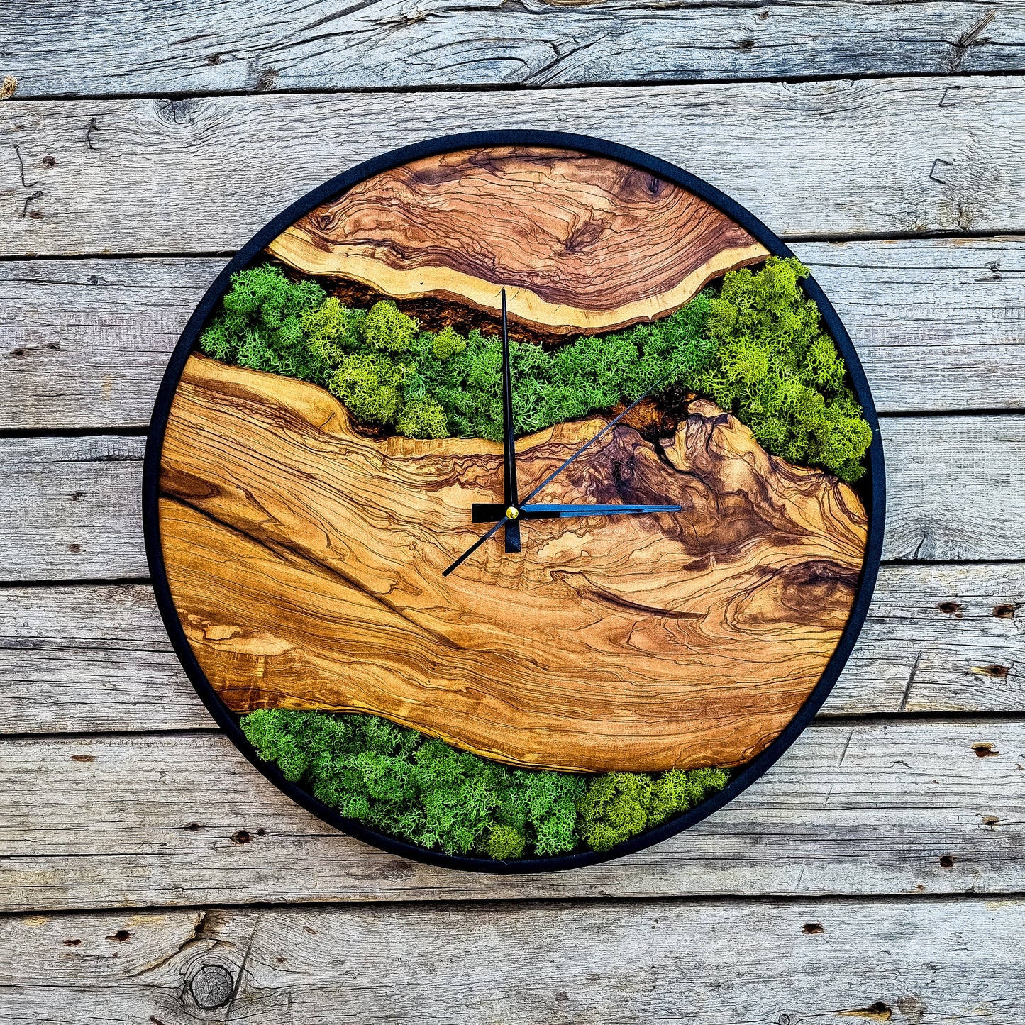 Custom Moss Olive Wood Wall Clock-Moss Clock For Wall, Metal Wooden Wall Art, Wooden Wall Clock with Moss, Unique Wall Clock, New Year Gift