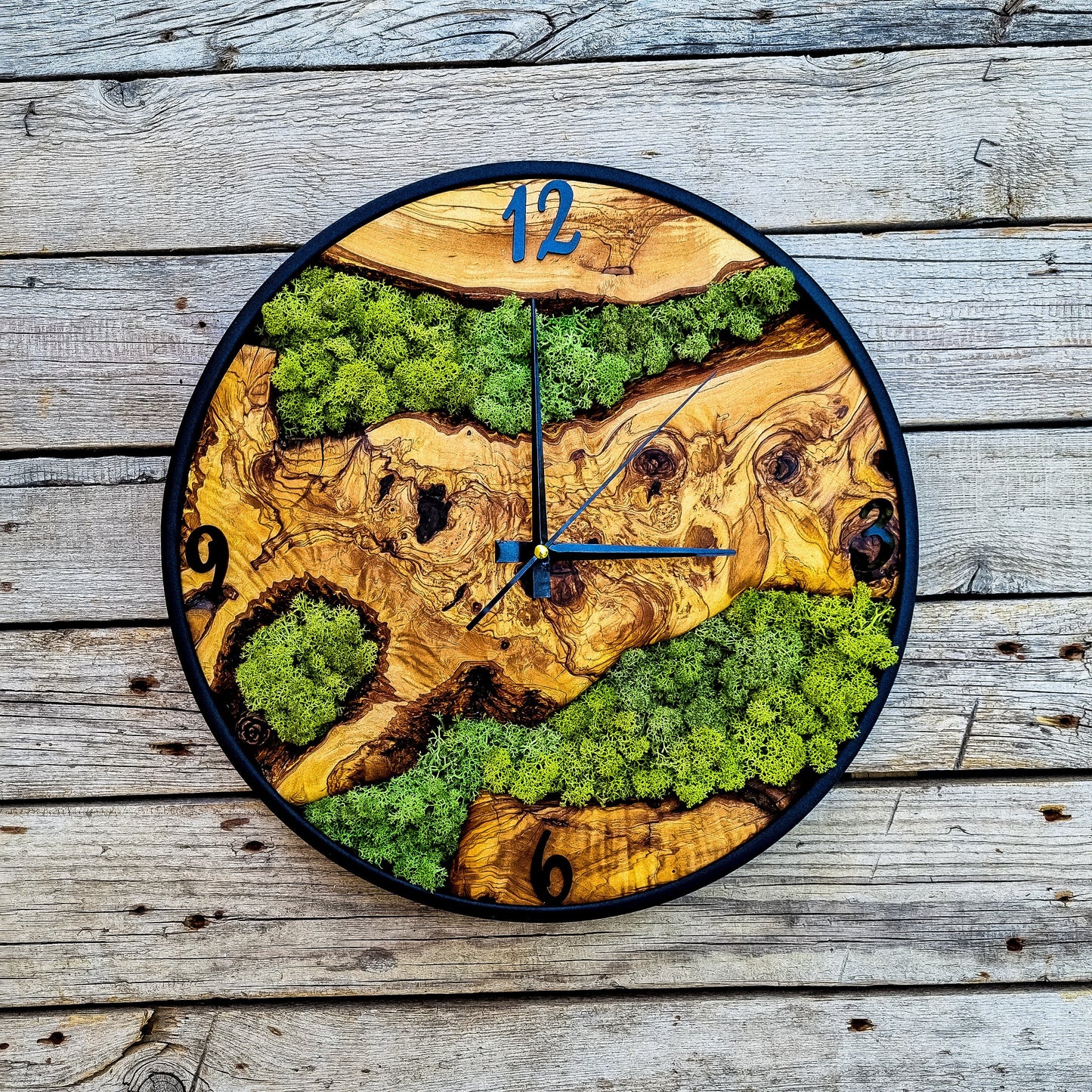 Custom Moss Olive Wood Wall Clock-Moss Clock For Wall, Metal Wooden Wall Art, Wooden Wall Clock with Moss, Unique Wall Clock, New Year Gift
