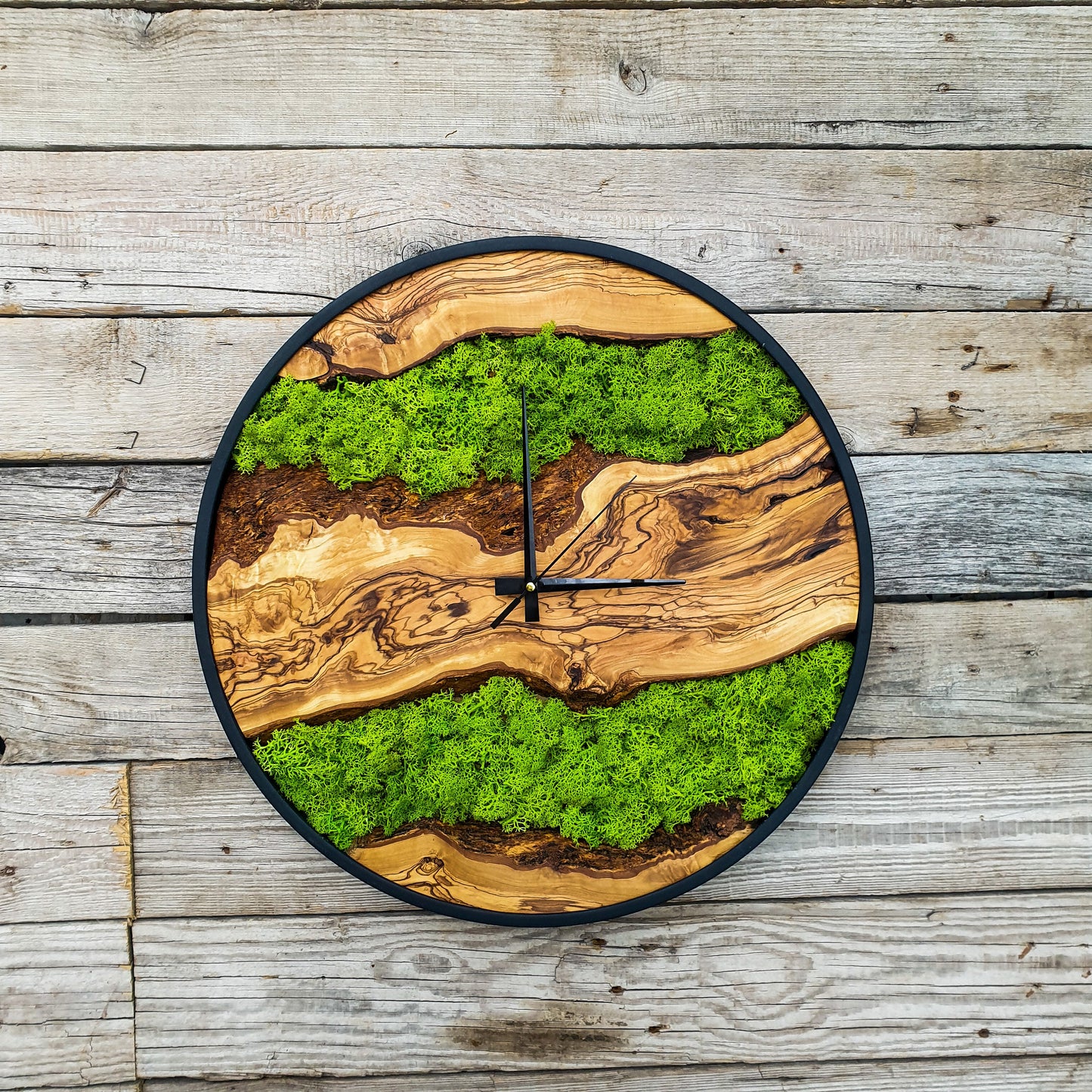 Custom Moss Olive Wood Wall Clock-Moss Clock For Wall, Metal Wooden Wall Art, Wooden Wall Clock with Moss, Unique Wall Clock, New Year Gift