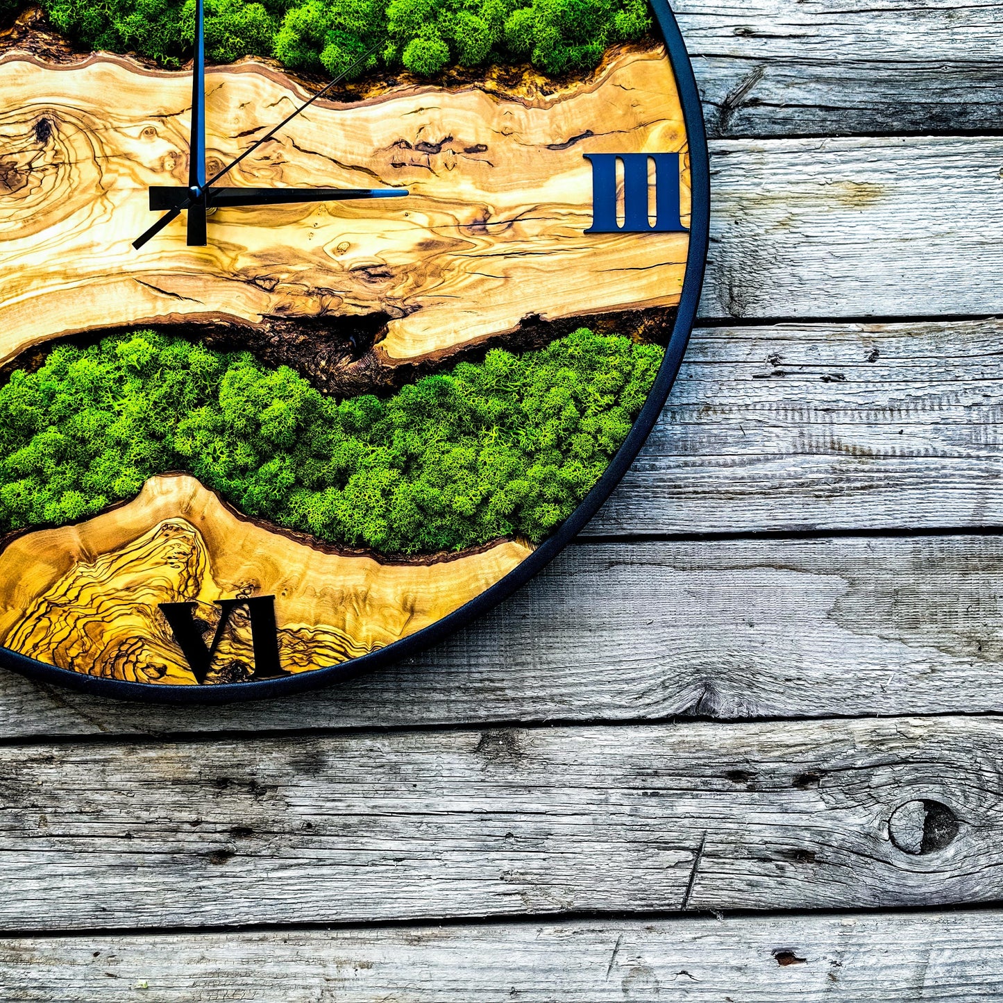 Custom Moss and Metal Wall Clock, Unique Olive Wooden Wall Clock & Moss Wall Art