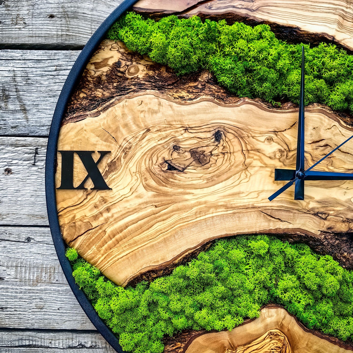 Custom Moss and Metal Wall Clock, Unique Olive Wooden Wall Clock & Moss Wall Art