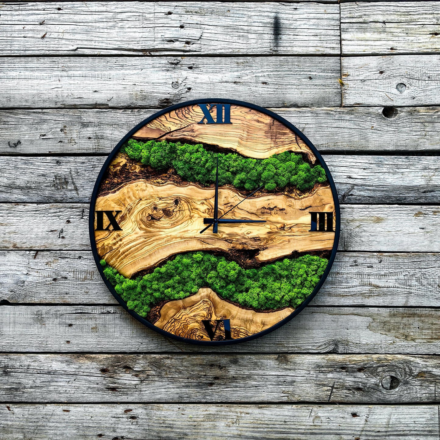 Custom Moss and Metal Wall Clock, Unique Olive Wooden Wall Clock & Moss Wall Art