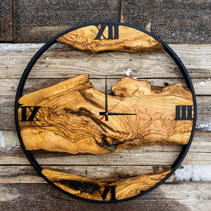 Olive Wood Wall Clock, Farmhouse Clock, Unique Wall Clock, Large Wall Clock, Live Edge Clock, Wooden Wall Art, Gift For Him