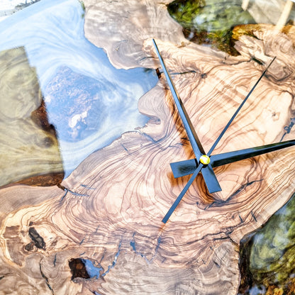 Resin & Olive Wood Wall Clock, Epoxy and Wood Wall Clock, Unique Handmade Wall Decor