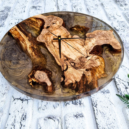 Resin & Olive Wood Wall Clock, Epoxy and Wood Wall Clock, Unique Handmade Wall Decor