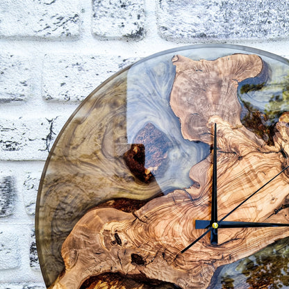 Resin & Olive Wood Wall Clock, Epoxy and Wood Wall Clock, Unique Handmade Wall Decor