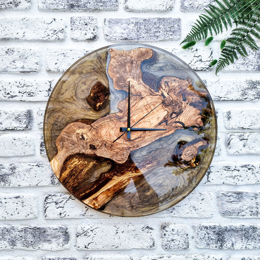 Resin & Olive Wood Wall Clock, Epoxy and Wood Wall Clock, Unique Handmade Wall Decor