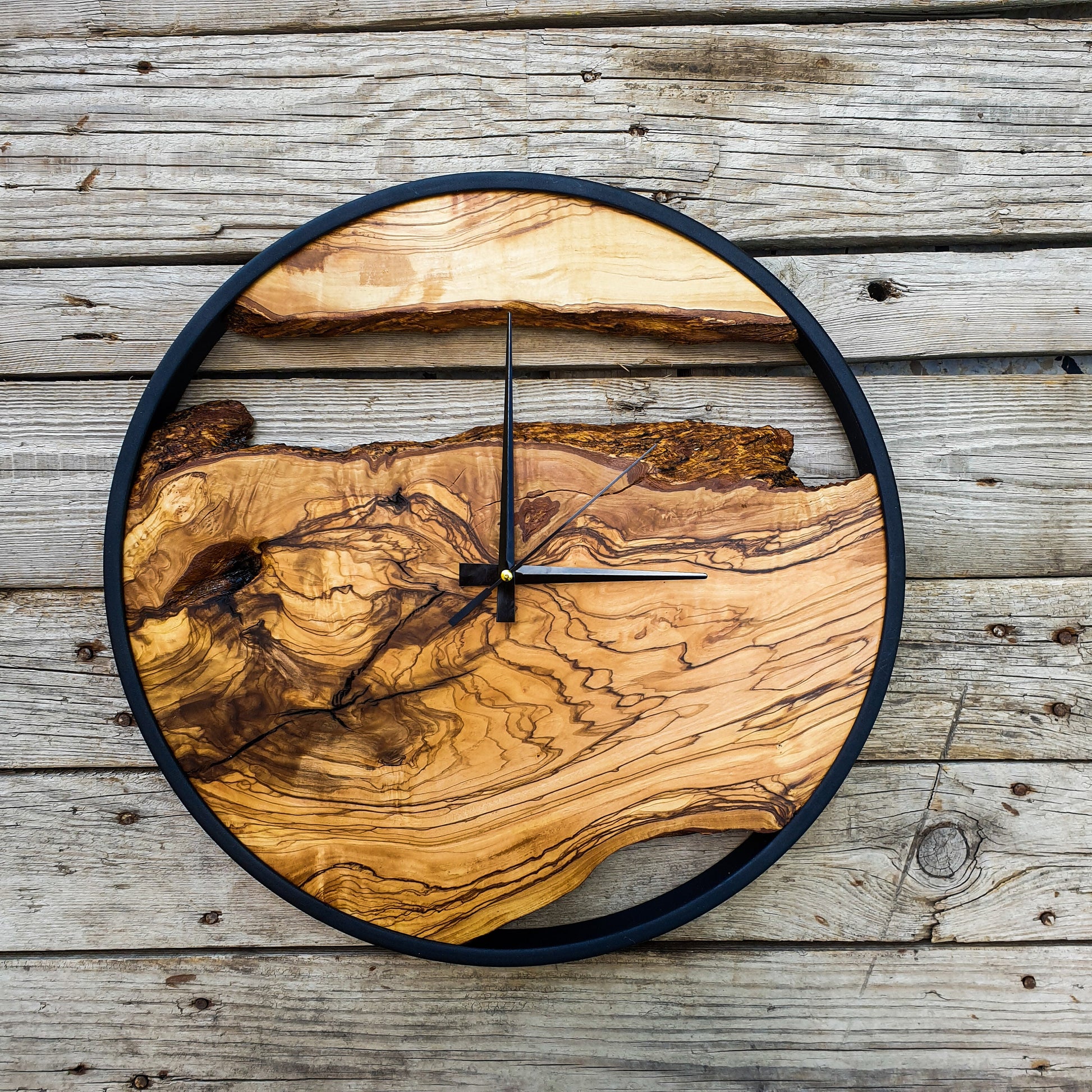 Wooden Wall Clock with Metal Frame, Wooden Wall Clock in Olive Wood, Large Wooden Wall Clock, Live Edge Rustic Clock, Wooden Wall Art, Gift