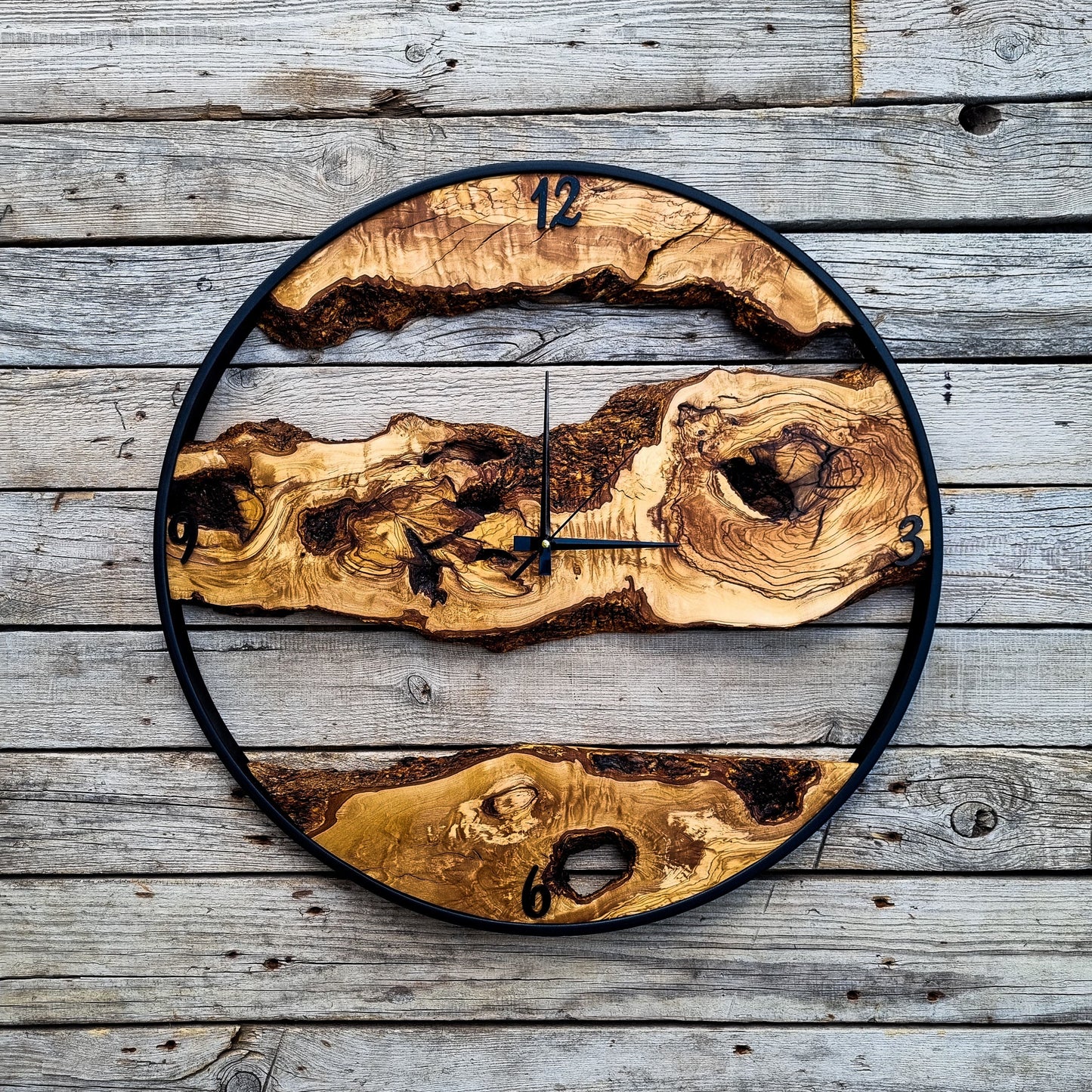 Olive Wood Wall Clock, Farmhouse Clock, Unique Wall Clock, Large Wall Clock, Live Edge Clock, Wooden Wall Art, Gift For Him