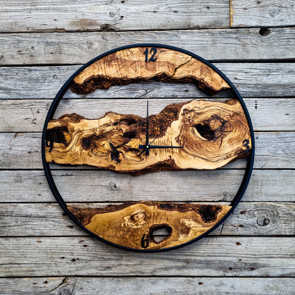 Olive Wood Wall Clock, Farmhouse Clock, Unique Wall Clock, Large Wall Clock, Live Edge Clock, Wooden Wall Art, Gift For Him