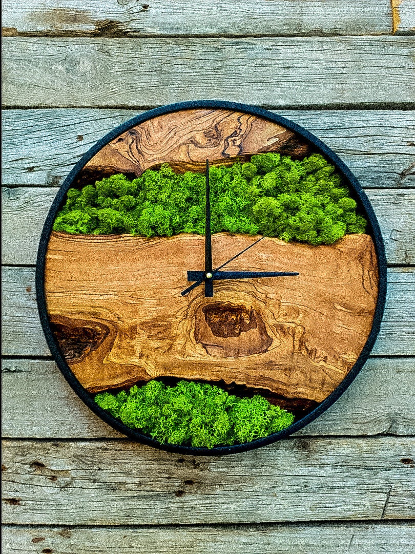 Moss Olive Wood Wall Clock, Clock For Wall, Wooden Wall Art, Large Wall Clock , Moss Wall Art, Wooden Wall Clock, Wood Wall Art