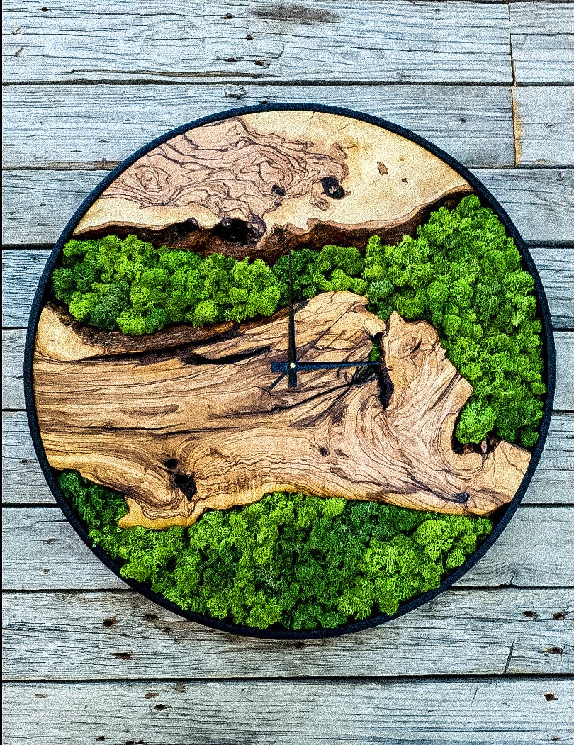 Moss Olive Wood Wall Clock, Clock For Wall, Wooden Wall Art, Large Wall Clock , Moss Wall Art, Wooden Wall Clock, Wood Wall Art