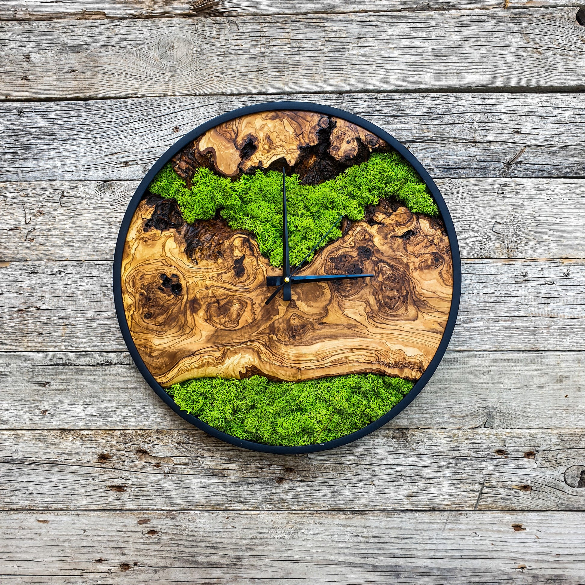 Custom Moss Olive Wood Wall Clock-Moss Clock For Wall, Metal Wooden Wall Art, Wooden Wall Clock with Moss, Unique Wall Clock, New Year Gift