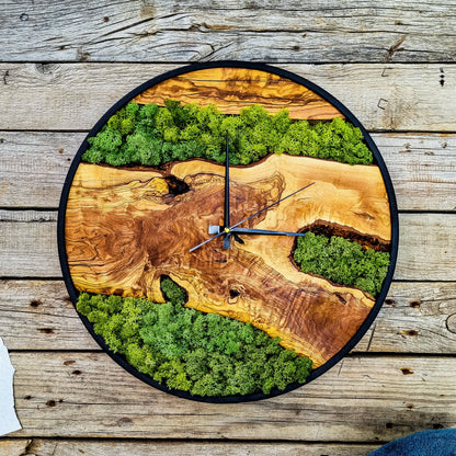 Custom Moss Olive Wood Wall Clock-Moss Clock For Wall, Metal Wooden Wall Art, Wooden Wall Clock with Moss, Unique Wall Clock, New Year Gift