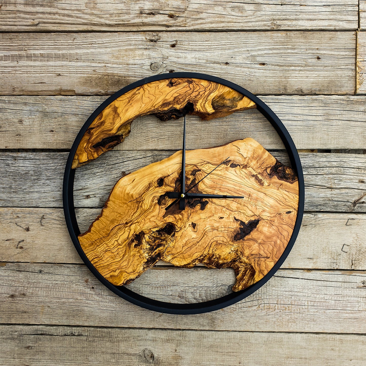 Wooden Wall Clock with Metal Frame, Wooden Wall Clock in Olive Wood, Large Wooden Wall Clock, Live Edge Rustic Clock, Wooden Wall Art, Gift