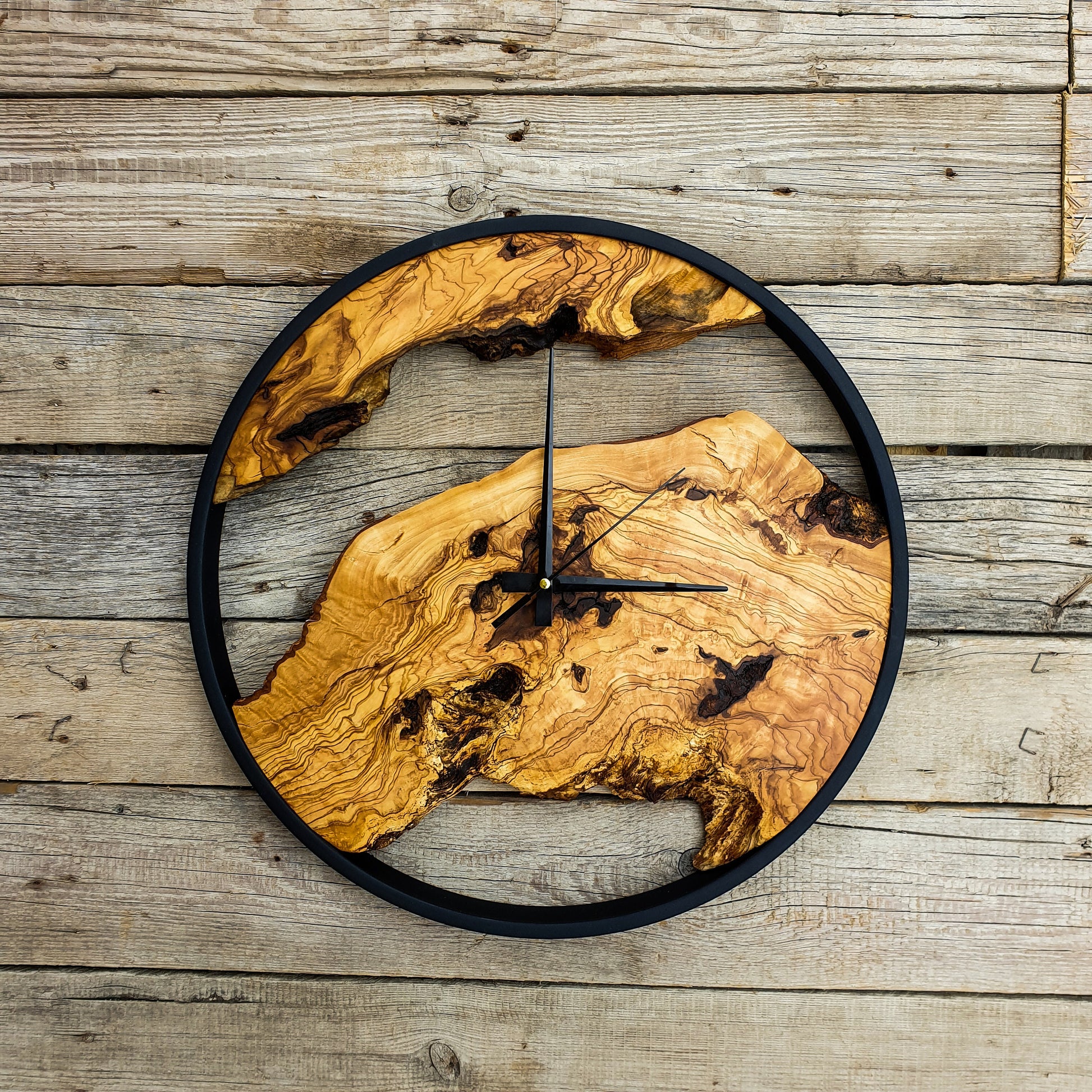Wooden Wall Clock with Metal Frame, Wooden Wall Clock in Olive Wood, Large Wooden Wall Clock, Live Edge Rustic Clock, Wooden Wall Art, Gift