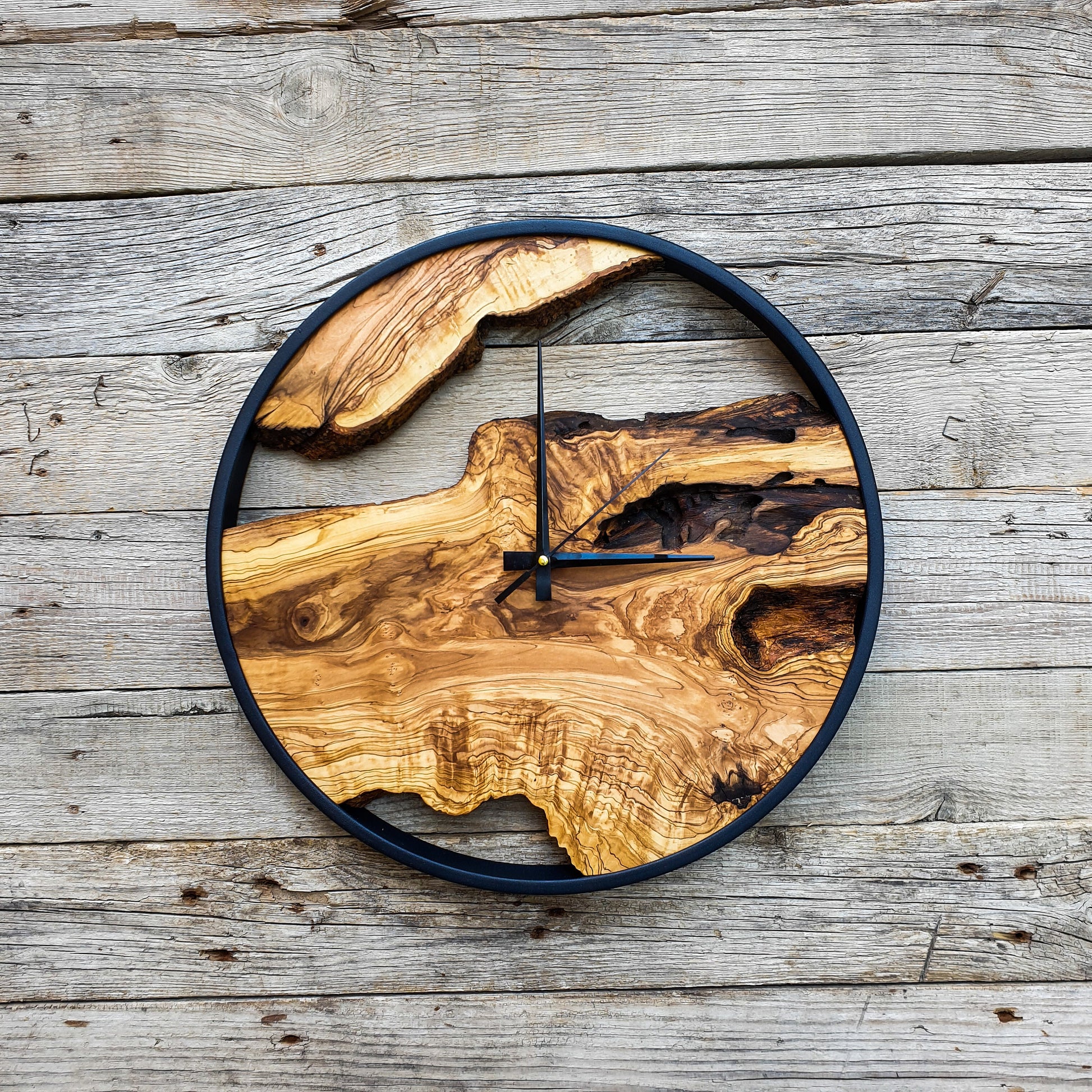Wooden Wall Clock with Metal Frame, Wooden Wall Clock in Olive Wood, Large Wooden Wall Clock, Live Edge Rustic Clock, Wooden Wall Art, Gift