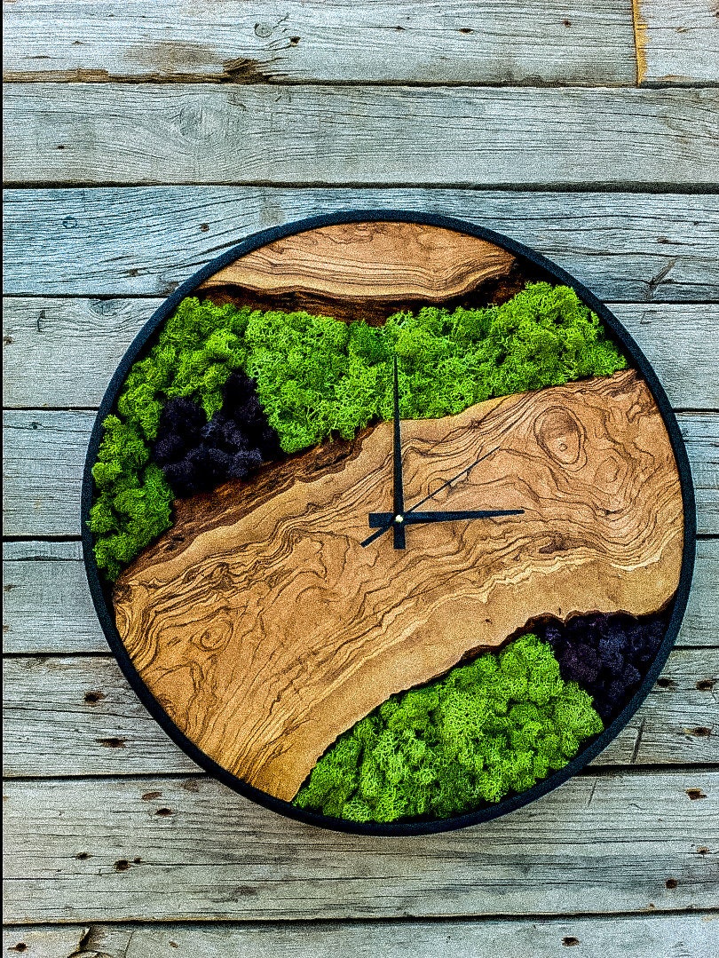 Moss Olive Wood Wall Clock, Clock For Wall, Wooden Wall Art, Large Wall Clock , Moss Wall Art, Wooden Wall Clock, Wood Wall Art