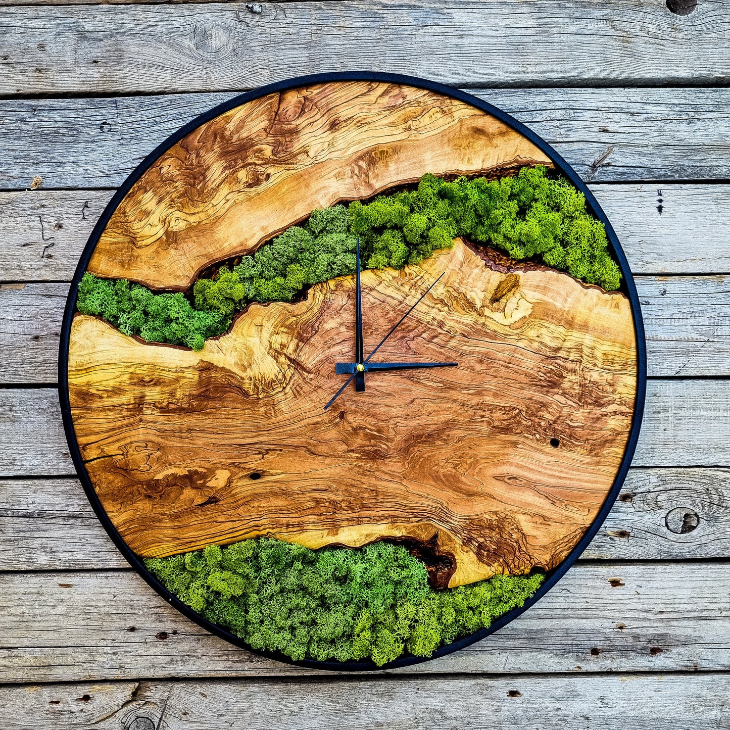 Custom Moss Olive Wood Wall Clock-Moss Clock For Wall, Metal Wooden Wall Art, Wooden Wall Clock with Moss, Unique Wall Clock, New Year Gift