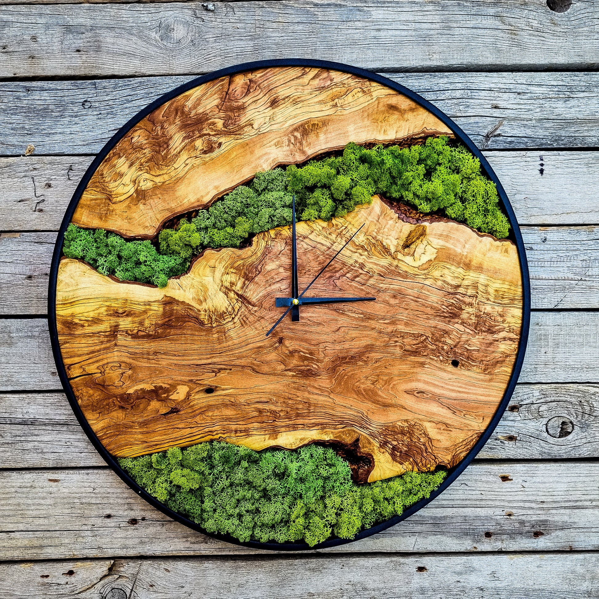 Custom Moss Olive Wood Wall Clock-Moss Clock For Wall, Metal Wooden Wall Art, Wooden Wall Clock with Moss, Unique Wall Clock, New Year Gift