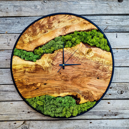 Custom Moss Olive Wood Wall Clock-Moss Clock For Wall, Metal Wooden Wall Art, Wooden Wall Clock with Moss, Unique Wall Clock, New Year Gift