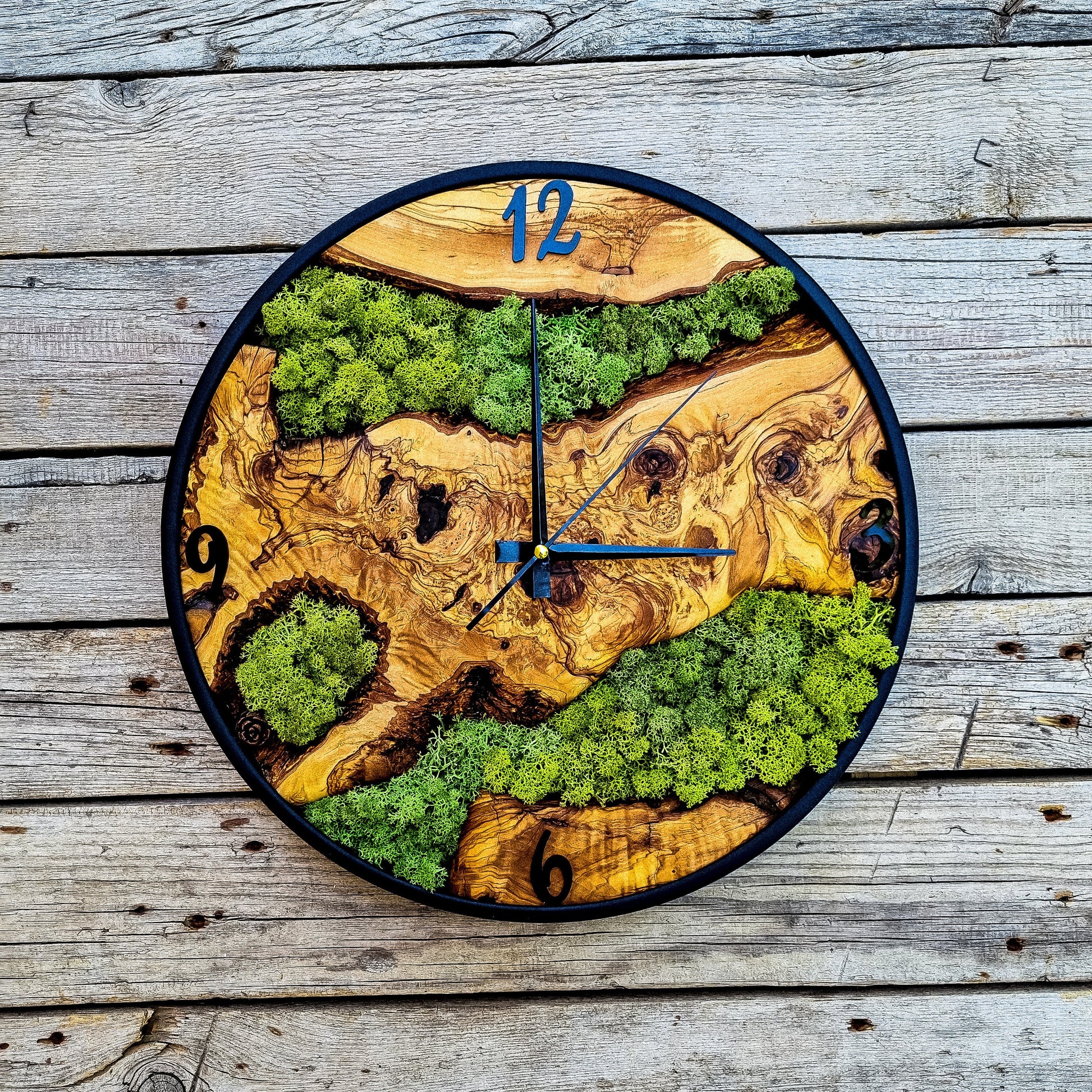 Custom Moss Olive Wood Wall Clock-Moss Clock For Wall, Metal Wooden Wall Art, Wooden Wall Clock with Moss, Unique Wall Clock, New Year Gift