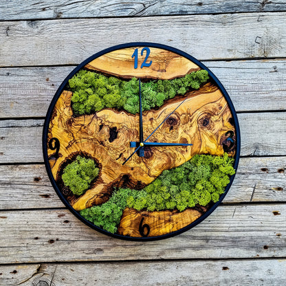 Custom Moss Olive Wood Wall Clock-Moss Clock For Wall, Metal Wooden Wall Art, Wooden Wall Clock with Moss, Unique Wall Clock, New Year Gift