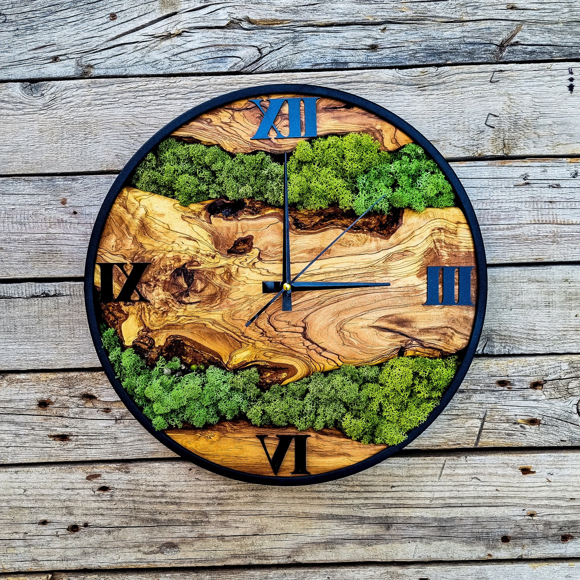 Custom Moss Olive Wood Wall Clock-Moss Clock For Wall, Metal Wooden Wall Art, Wooden Wall Clock with Moss, Unique Wall Clock, New Year Gift