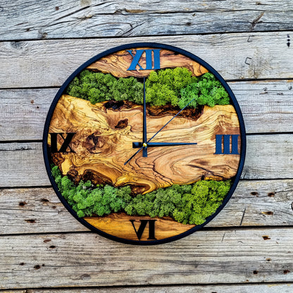 Custom Moss Olive Wood Wall Clock-Moss Clock For Wall, Metal Wooden Wall Art, Wooden Wall Clock with Moss, Unique Wall Clock, New Year Gift