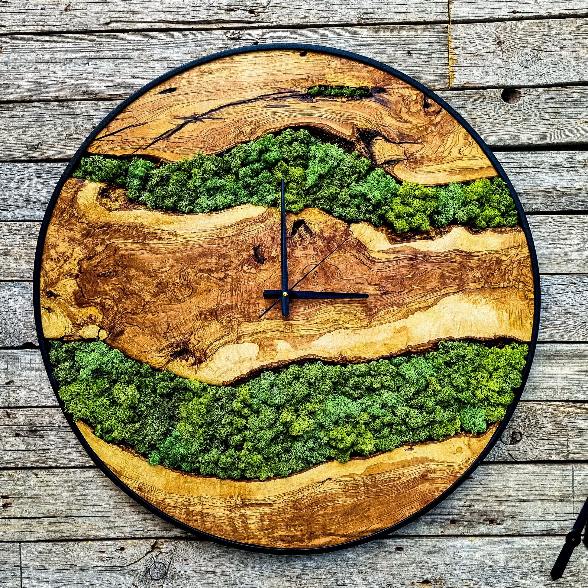 Custom Moss Olive Wood Wall Clock-Moss Clock For Wall, Metal Wooden Wall Art, Wooden Wall Clock with Moss, Unique Wall Clock, New Year Gift