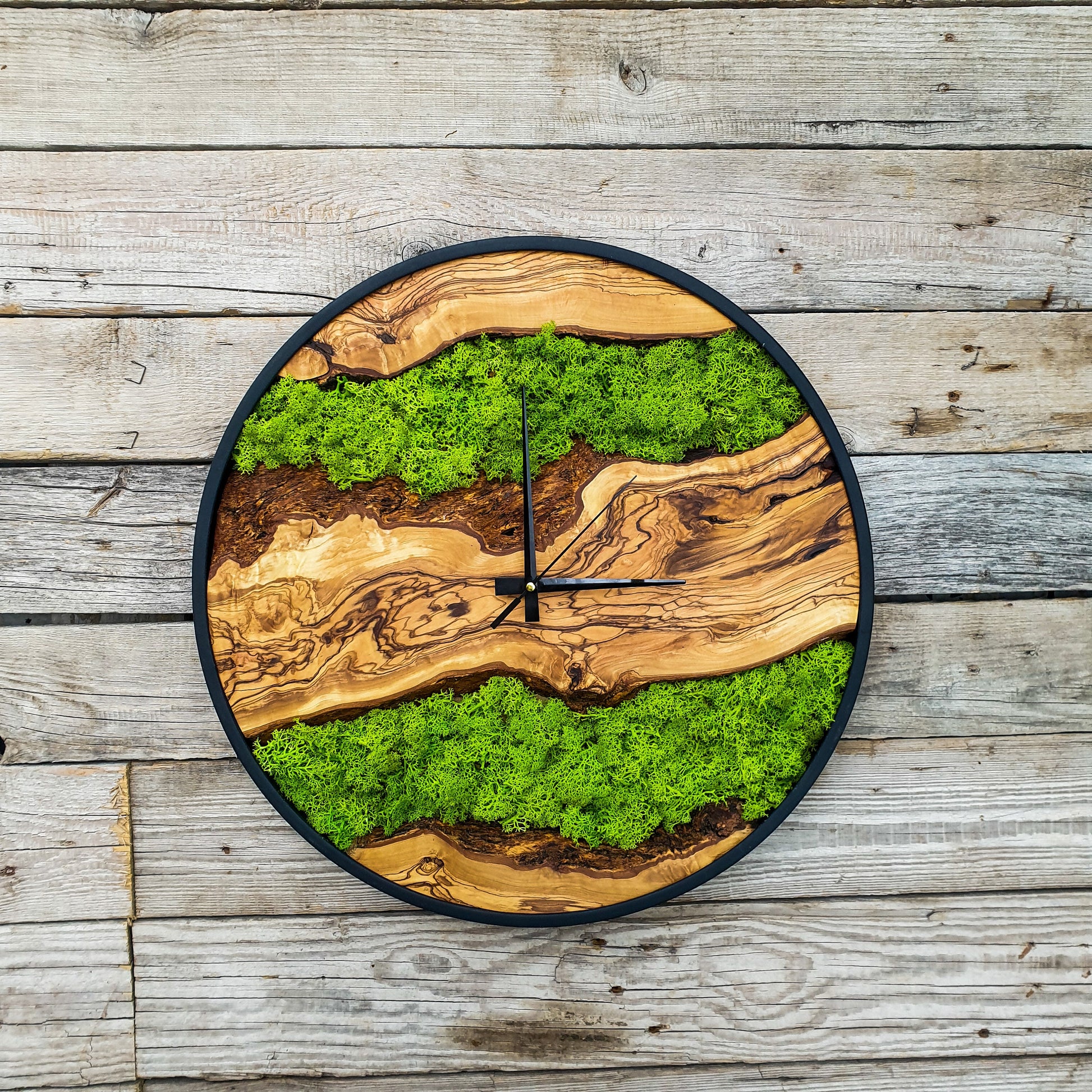 Custom Moss Olive Wood Wall Clock-Moss Clock For Wall, Metal Wooden Wall Art, Wooden Wall Clock with Moss, Unique Wall Clock, New Year Gift