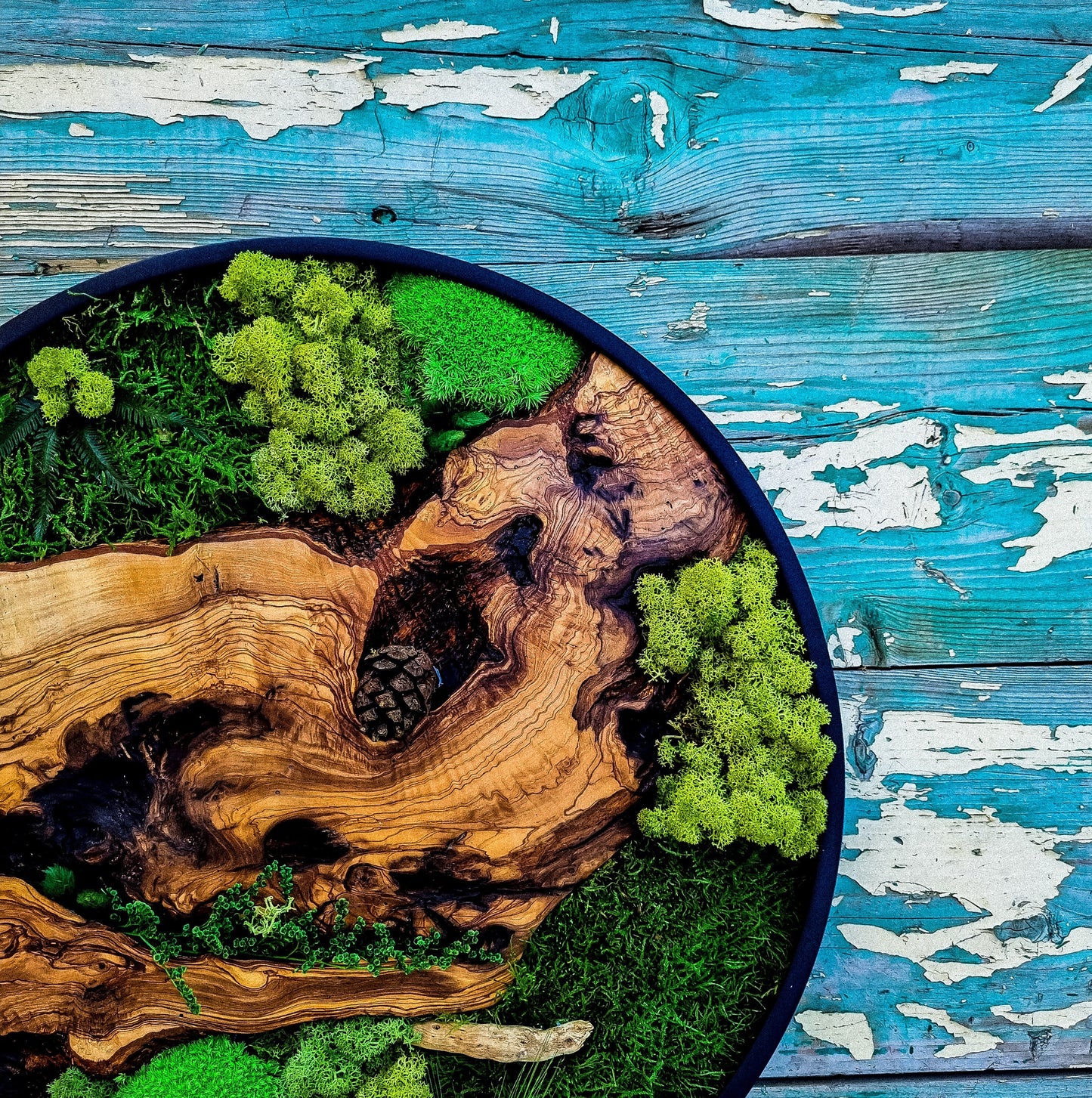 Round Wood Design with Metal Frame - Botanical Wall Art for Living Room, New home, Preserved Moss, Framed Wall Art, Wood Decor, Christmas