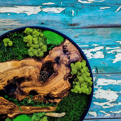 Round Wood Design with Metal Frame - Botanical Wall Art for Living Room, New home, Preserved Moss, Framed Wall Art, Wood Decor, Christmas