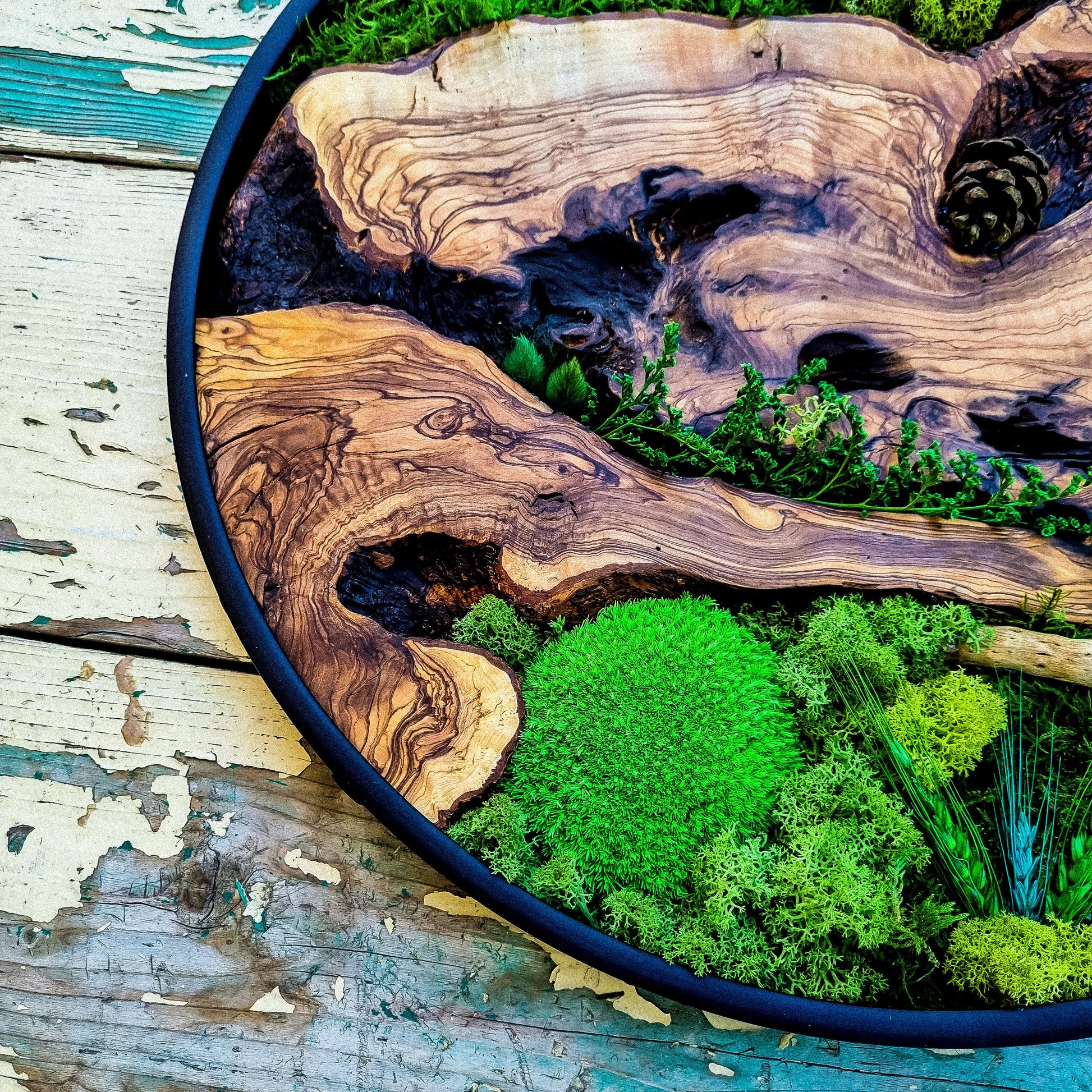Round Wood Design with Metal Frame - Botanical Wall Art for Living Room, New home, Preserved Moss, Framed Wall Art, Wood Decor, Christmas