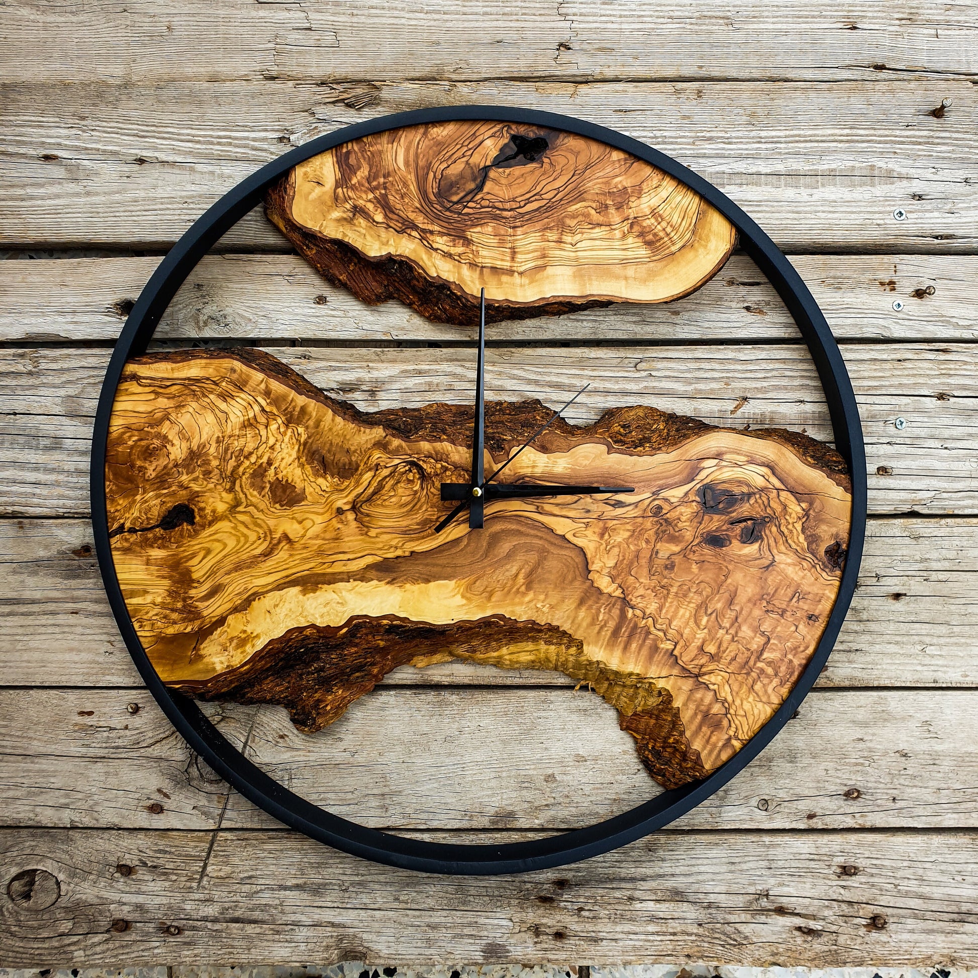 Bespoke Natural Wood Clock, Bespoke Olive Wood Wall Clock, Large Metal Wall Clock, Wood Art, Farmhouse Clock, Custom made christmas gift