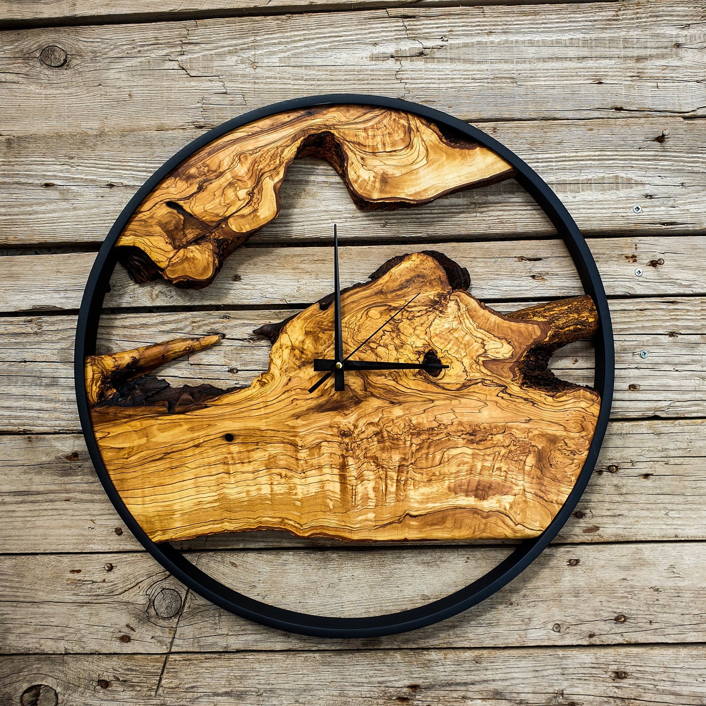 Bespoke Natural Wood Clock, Bespoke Olive Wood Wall Clock, Large Metal Wall Clock, Wood Art, Farmhouse Clock, Custom made christmas gift