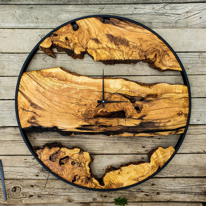 Bespoke Natural Wood Clock, Bespoke Olive Wood Wall Clock, Large Metal Wall Clock, Wood Art, Farmhouse Clock, Custom made christmas gift