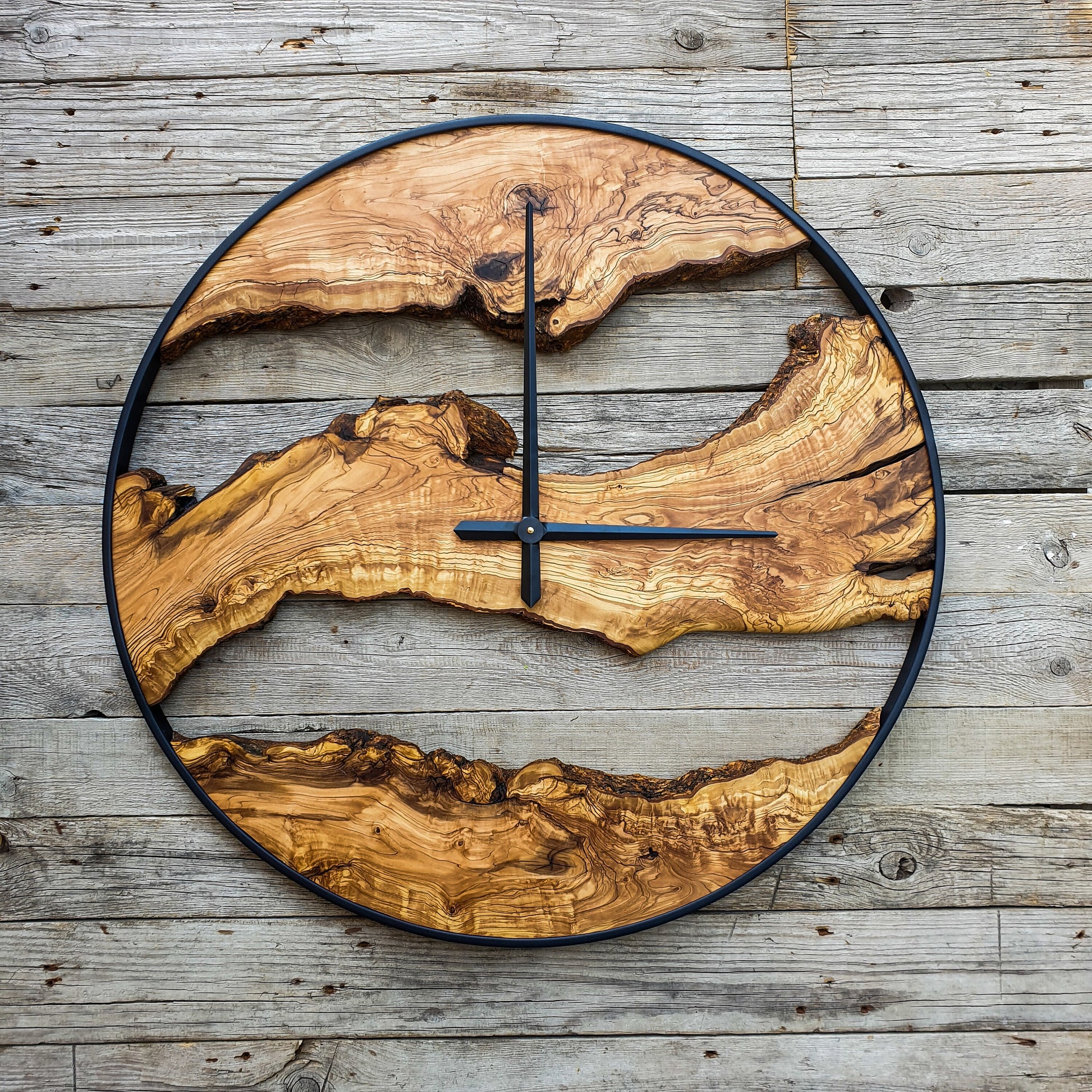 Bespoke Natural Wood Clock, Bespoke Olive Wood Wall Clock, Large Metal Wall Clock, Wood Art, Farmhouse Clock, Custom made christmas gift