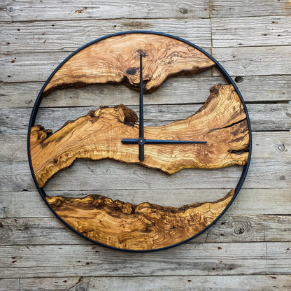 Bespoke Natural Wood Clock, Bespoke Olive Wood Wall Clock, Large Metal Wall Clock, Wood Art, Farmhouse Clock, Custom made christmas gift
