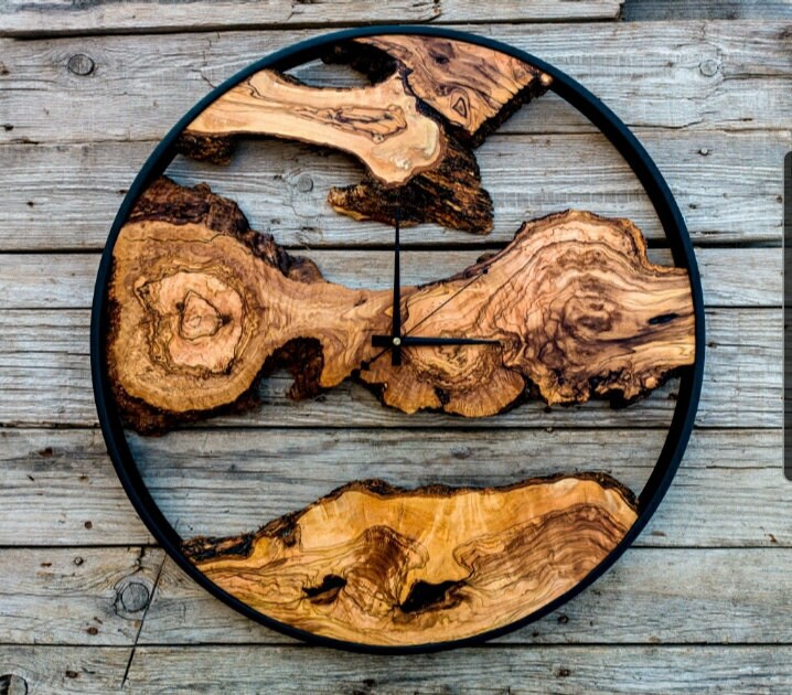 Bespoke Natural Wood Clock, Bespoke Olive Wood Wall Clock, Large Metal Wall Clock, Wood Art, Farmhouse Clock, Custom made christmas gift