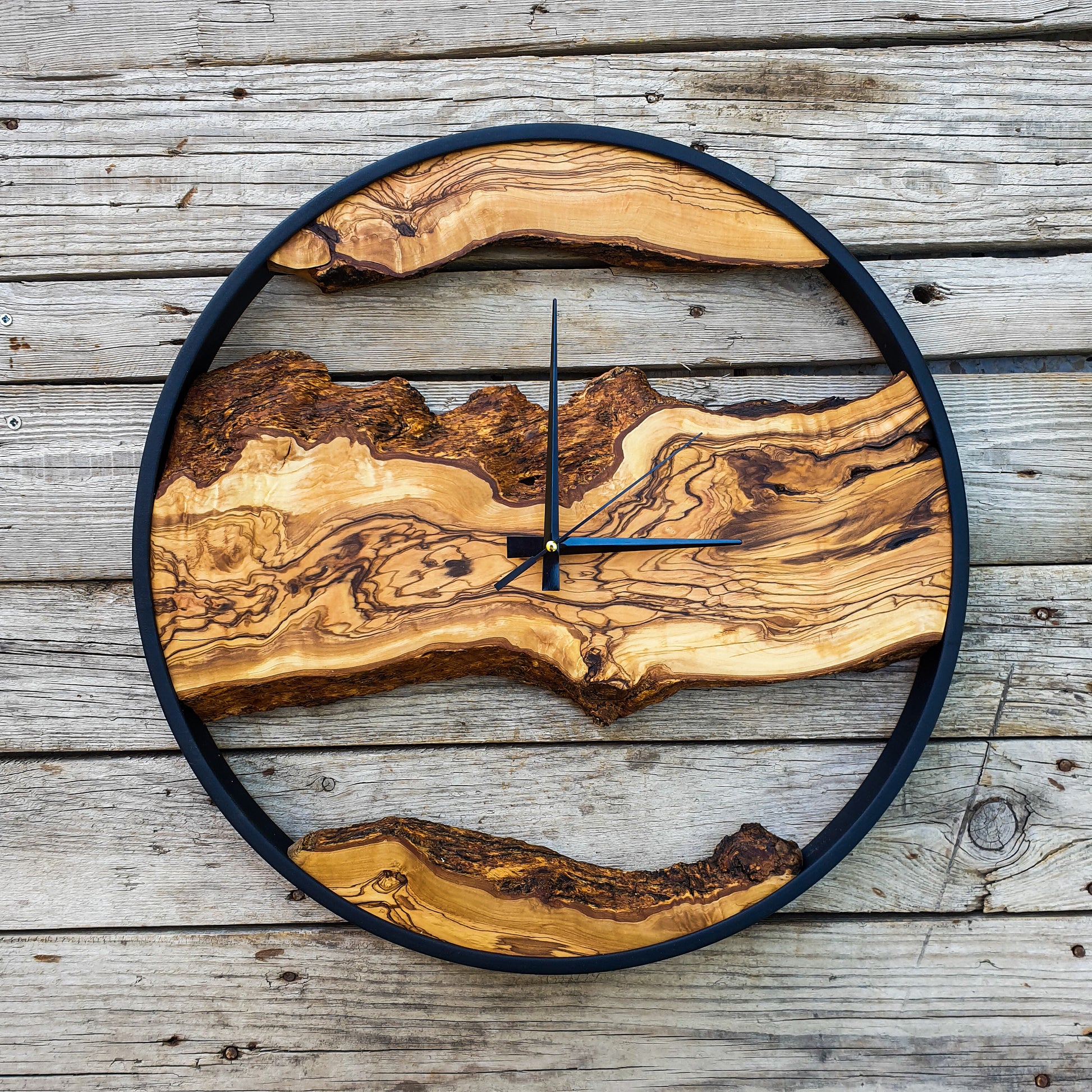 Bespoke Natural Wood Clock, Bespoke Olive Wood Wall Clock, Large Metal Wall Clock, Wood Art, Farmhouse Clock, Custom made christmas gift