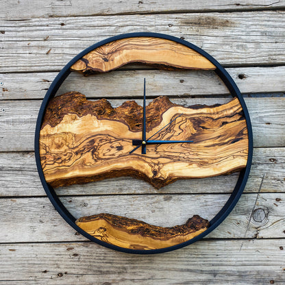 Bespoke Natural Wood Clock, Bespoke Olive Wood Wall Clock, Large Metal Wall Clock, Wood Art, Farmhouse Clock, Custom made christmas gift