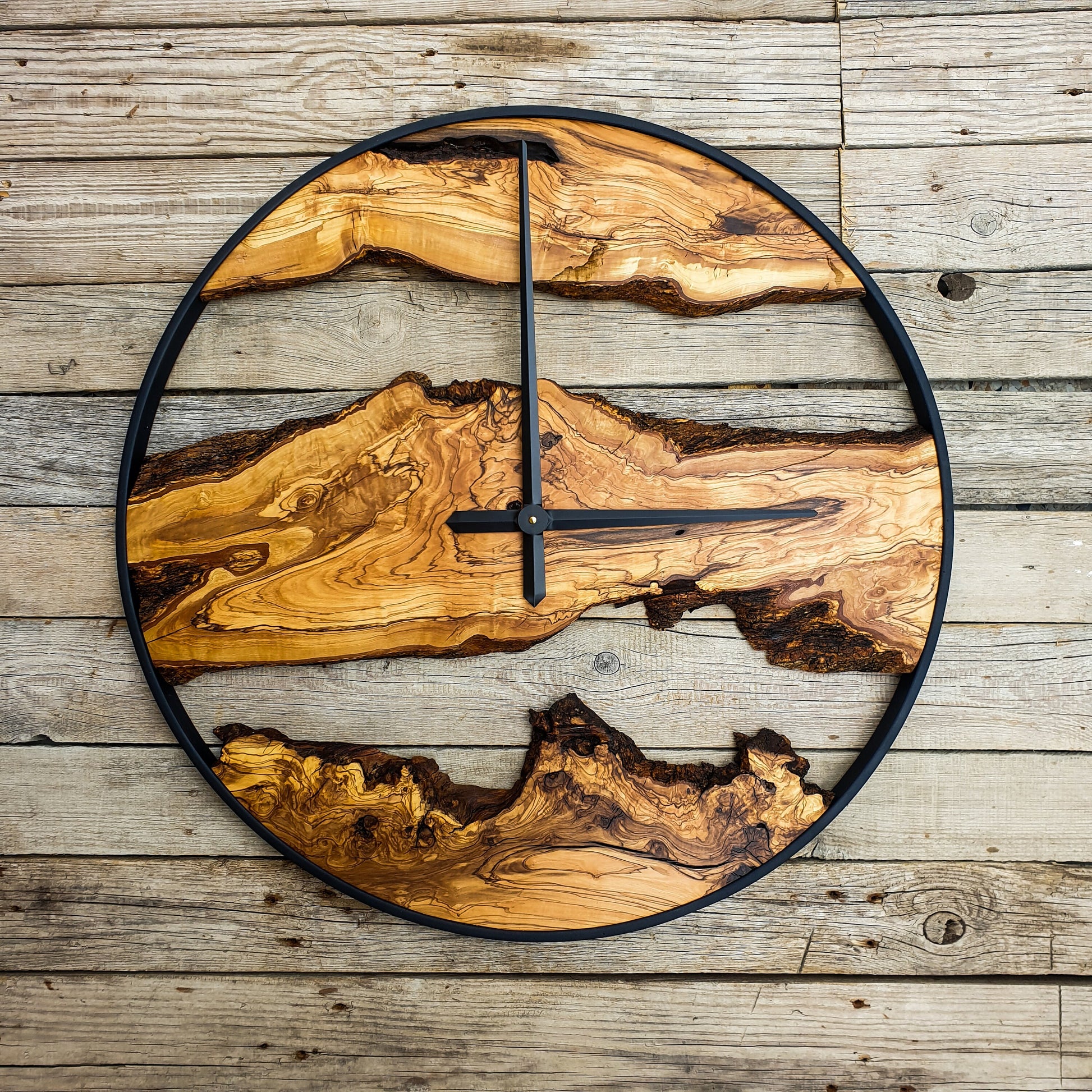 Bespoke Natural Wood Clock, Bespoke Olive Wood Wall Clock, Large Metal Wall Clock, Wood Art, Farmhouse Clock, Custom made christmas gift