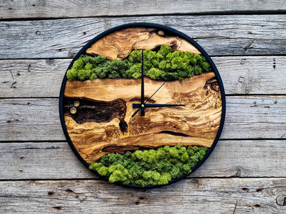 Wood Wall Clock-Moss Wall Art, Moss Art, Moss Wall Clock, Moss Art With Wood, Unıque Wall Decor, New Home Gift