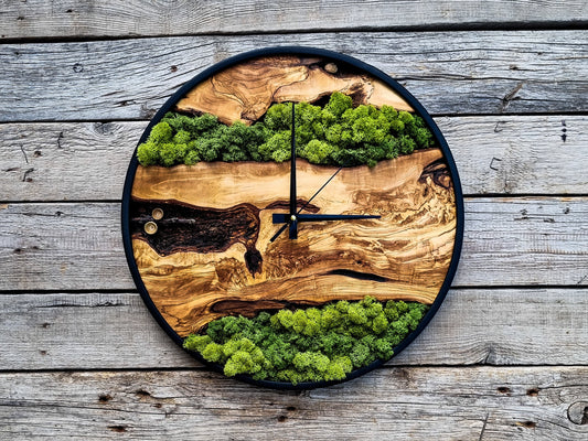 Wood Wall Clock-Moss Wall Art, Moss Art, Moss Wall Clock, Moss Art With Wood, Unıque Wall Decor, New Home Gift