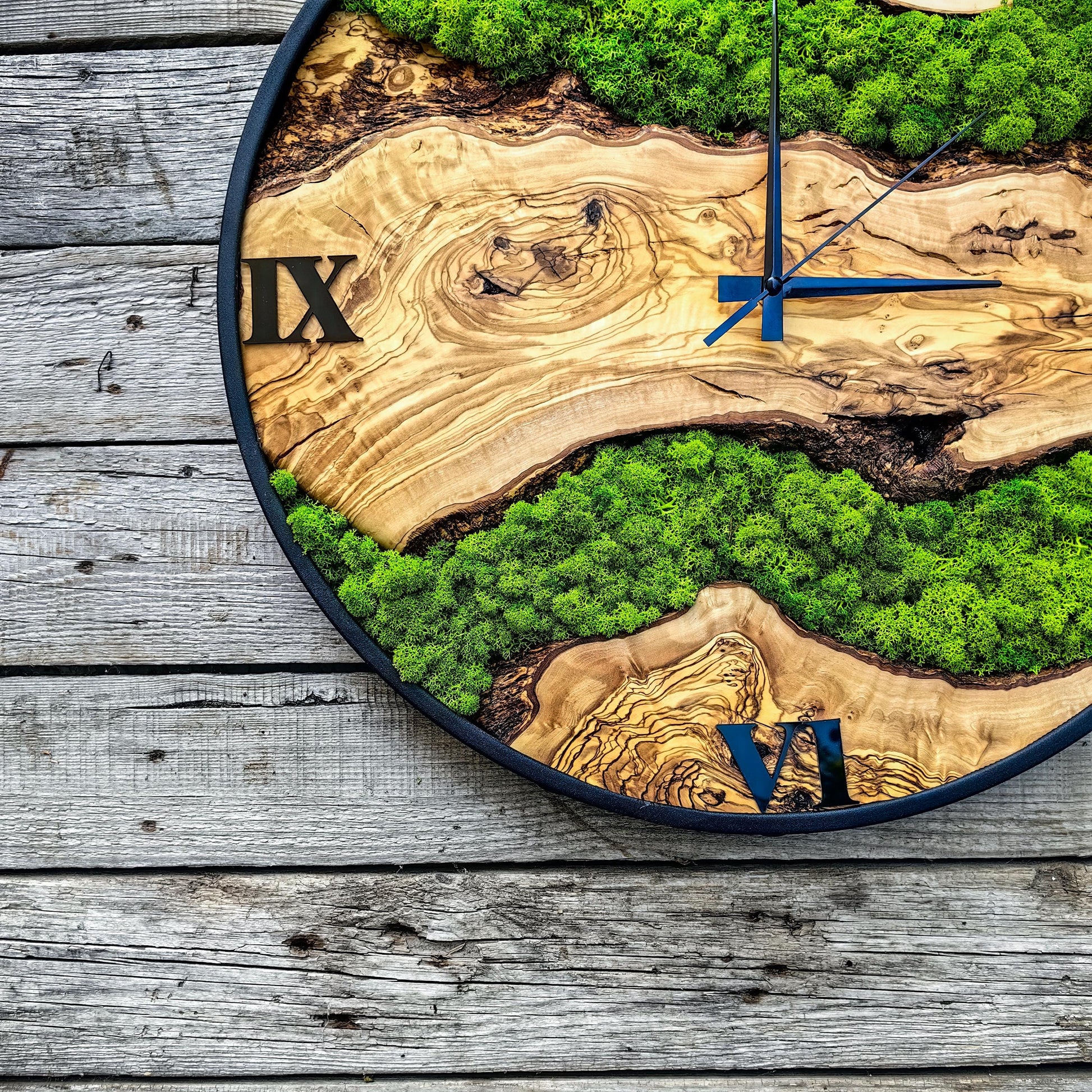 Custom Moss and Metal Wall Clock, Unique Olive Wooden Wall Clock & Moss Wall Art