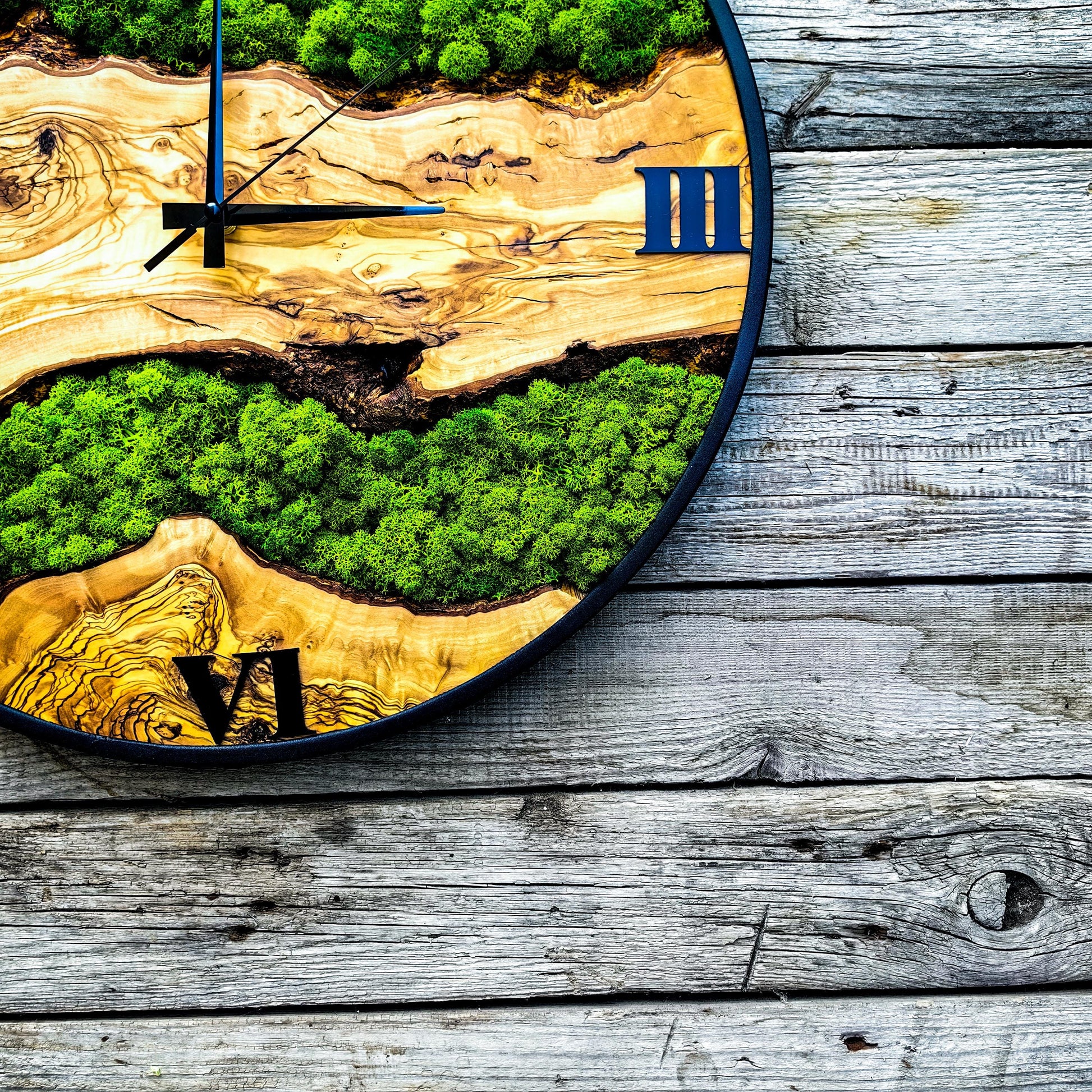 Custom Moss and Metal Wall Clock, Unique Olive Wooden Wall Clock & Moss Wall Art