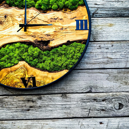 Custom Moss and Metal Wall Clock, Unique Olive Wooden Wall Clock & Moss Wall Art