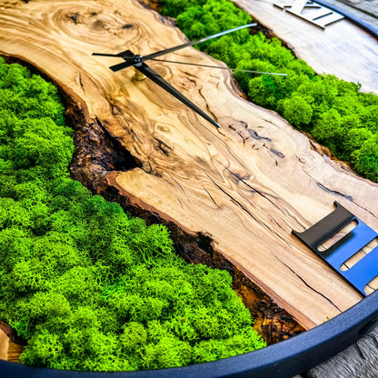 Custom Moss and Metal Wall Clock, Unique Olive Wooden Wall Clock & Moss Wall Art