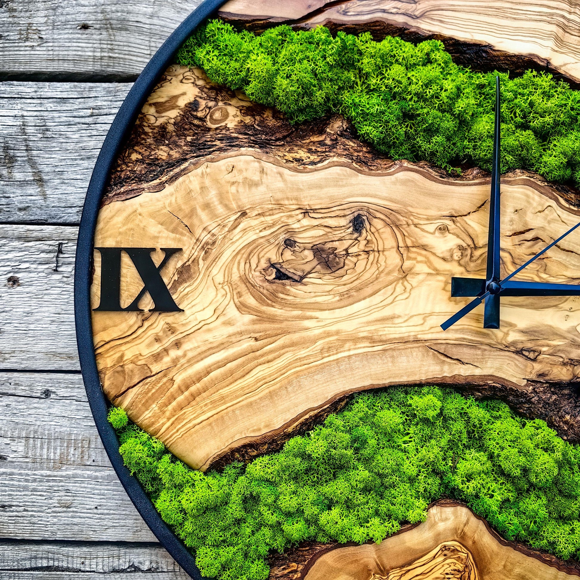 Custom Moss and Metal Wall Clock, Unique Olive Wooden Wall Clock & Moss Wall Art
